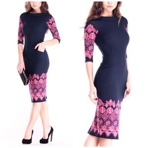 Maurini Damask Three-Quarter Sleeve Dress